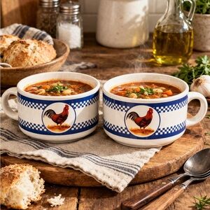 Farmhouse Rooster Soup Mugs Set of 2 Blue Check Country Kitchen Crock Bowls